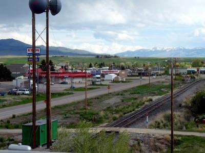 Dillon and the Beaverhead Valley below snow-capped mountains