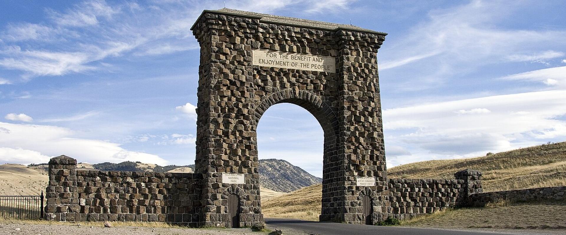 The stone Roosevelt Arch at the North Entrance to Yellowstone National Park in Gardiner