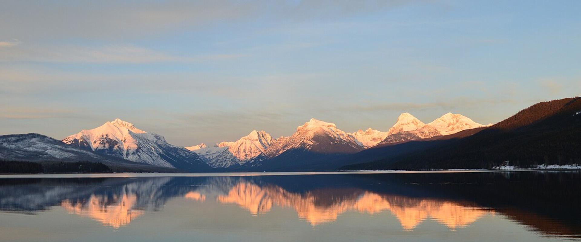 Sunrise on the peaks above Lake McDonald, seen from Apgar near West Glacier