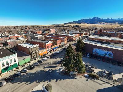 Downtown Livingston from above, with mountains behind