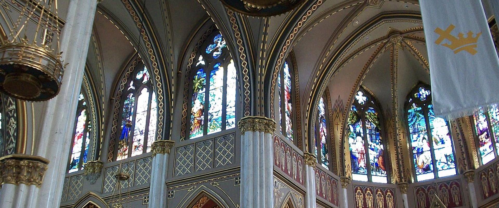 Stained glass and vaulted nave inside the Cathedral of St. Helena