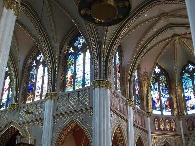Stained glass and vaulted nave inside the Cathedral of St. Helena